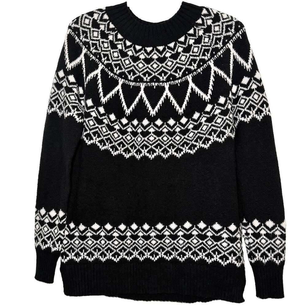 LOFT Women’s Medium Black Ivory Fair Isle Nordic Crewneck Sweater
